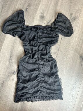 H&M Black Dotted Mesh Puff-Sleeve Ruched Mini Dress